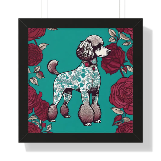 Vertical Poster - Stylish Framed - Art for Home Decor - Damask Aqua & White Poodle With Burgundy Roses