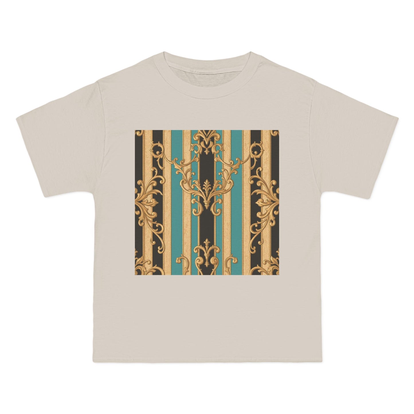 Chic Black, Tan & Ocean Green Striped Gold Baroque Vintage Pattern T-Shirt - Art Shirt, Stylish Casual Wear, Gifts & Everyday Fashion