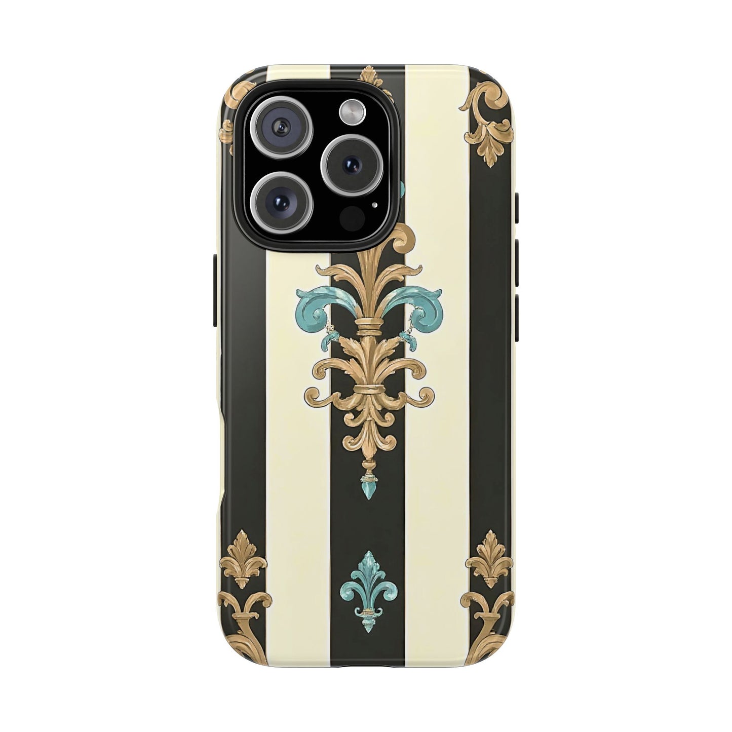 Elegant Vintage Tough Phone Cases, Stylish Phone Accessories, Quality Protection, Gifts for Her - Black Striped Turquoise & Black Rococo