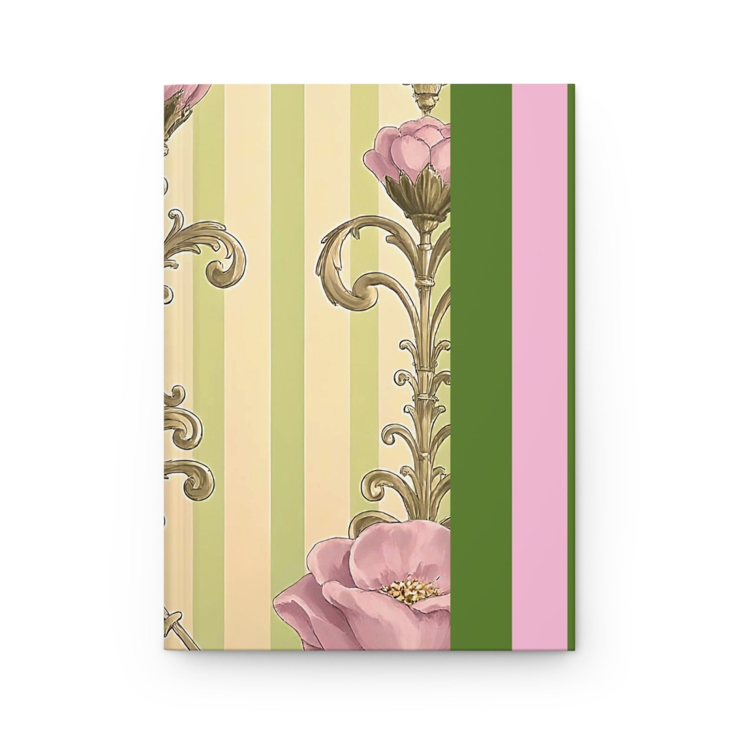 Elegant Floral Hardcover Journal - Stylish Writing Notebook - Lime Green & Pink Striped Damask