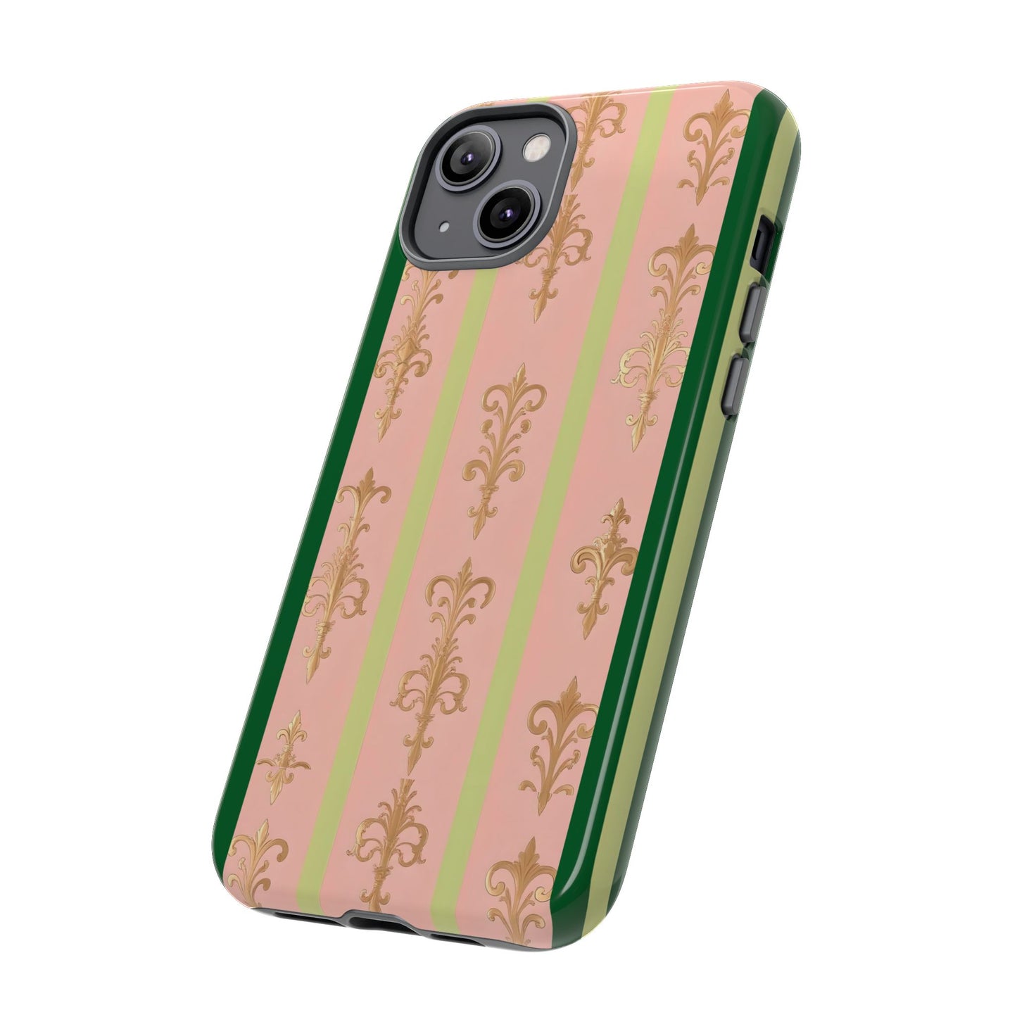Elegant Floral Motif Phone Case - Tough Cases with Vintage Design - Lime Green & Pink Striped Damask