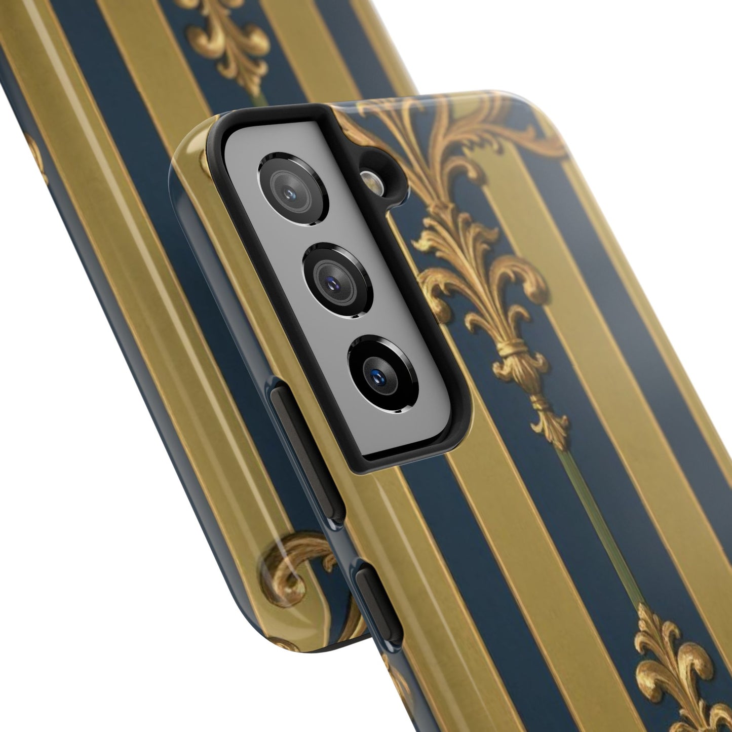 Elegant Midnight Blue & Olive Striped Gold Baroque Tough Phone Case, Phone Cover, Durable Case for Protection, Stylish Gift for Him/Her
