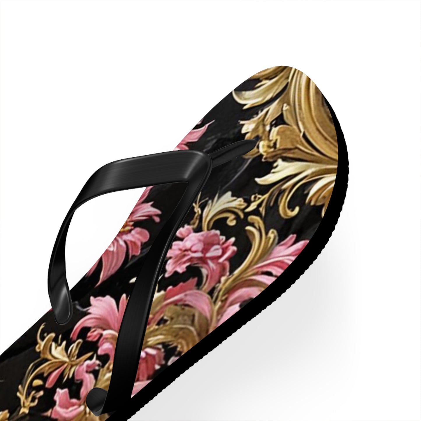 Elegant Floral Flip Flops - Summer Footwear, Beach Sandals, Vacation Accessories, Travel Essentials - Black & Pink Oil Painting Style Rococo