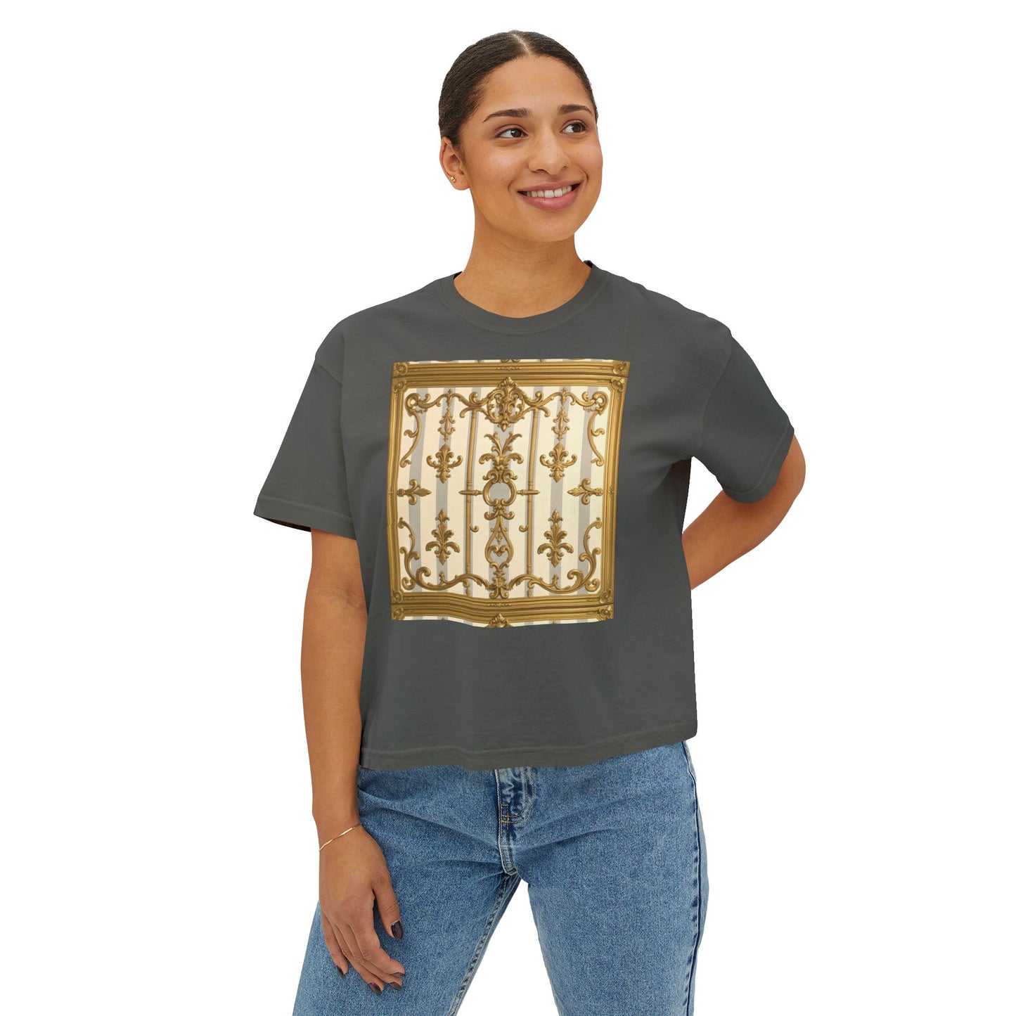 Chic Women's Boxy Tee with Elegant Gate Design, Stylish Casual Wear, Summer Tee, Gift for Her - Matte Gray & Cream Striped Gold Baroque