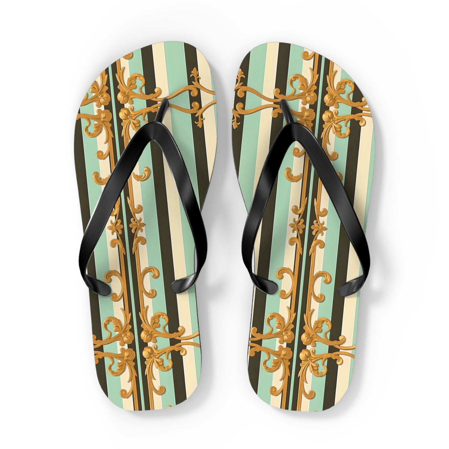 Elegant Patterned Flip Flops, Summer Sandals, Vacation Footwear, Beach Day Slippers, Festival Essentials - Black & Matte Mint Striped Rococo