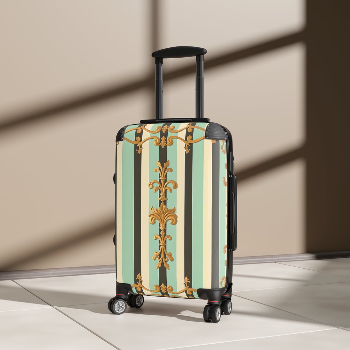 Elegant Striped Suitcase, Stylish Travel Luggage, Unique Carry-On, Trendy Vacation Bag - Black & Matte Mint Striped Rococo
