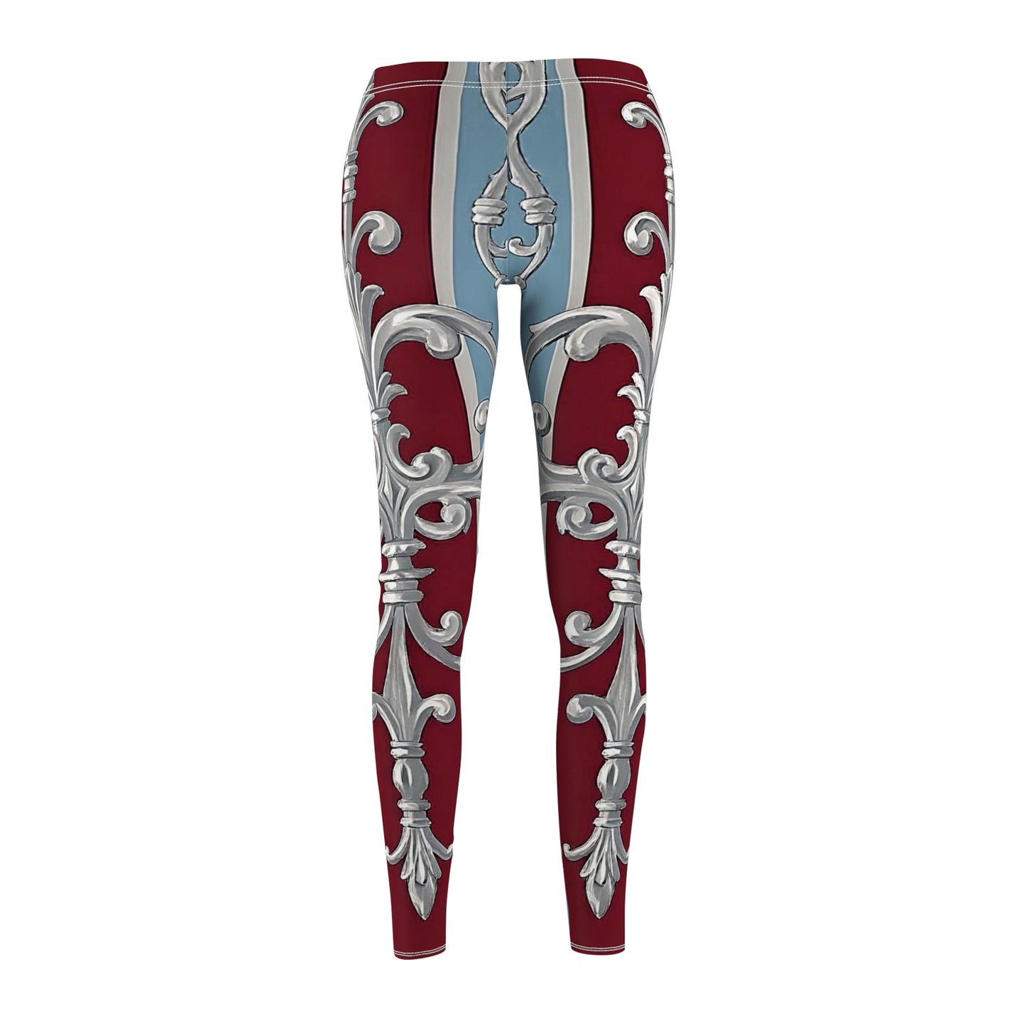Elegant Floral Women's Leggings – Casual Comfort for Every Occasion - Ice Blue & Burgundy Striped Baroque