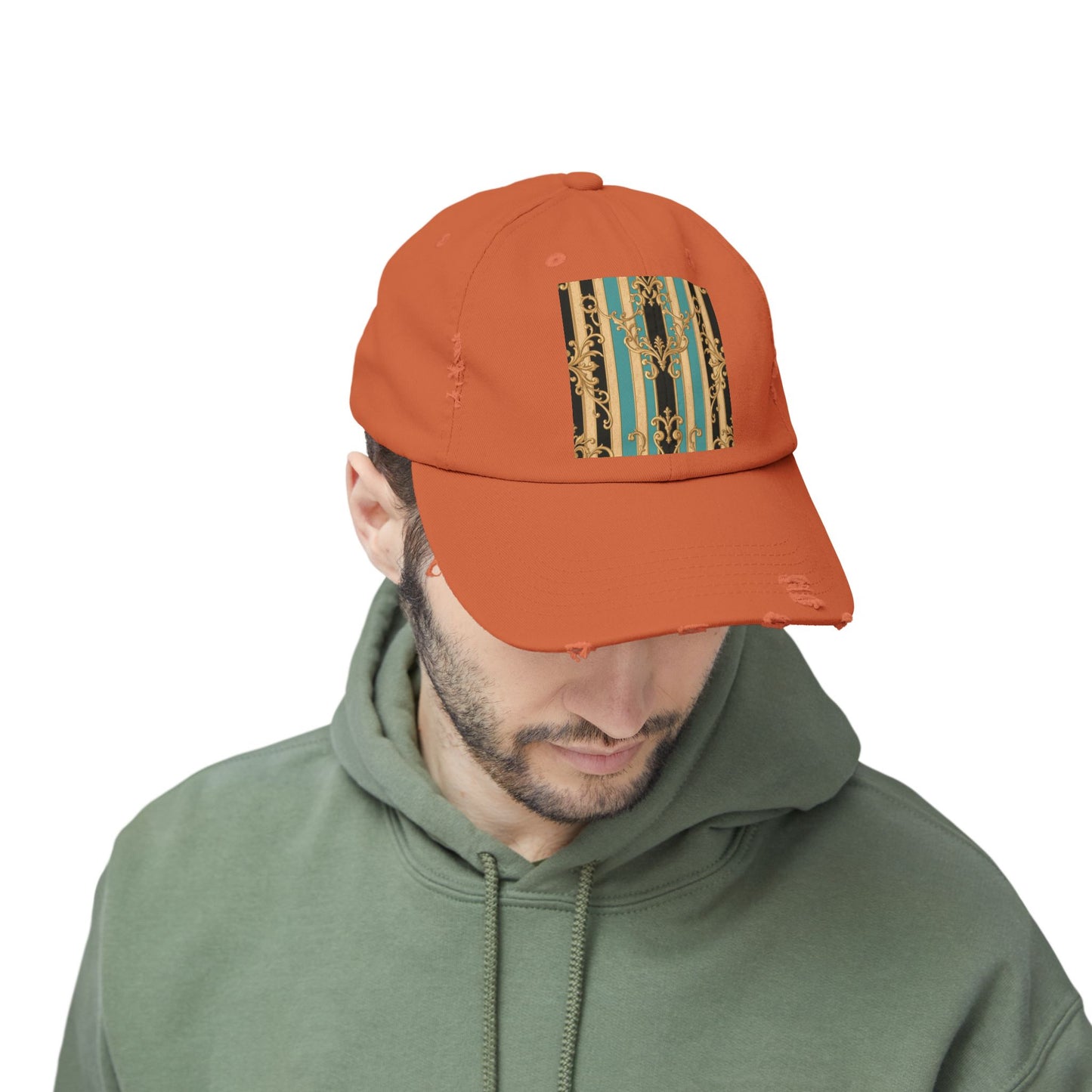 Distressed Black, Tan & Ocean Green Striped Gold Baroque Cap with Elegant Stripe Design | Vintage-Inspired Accessories, Unisex Casual Hat