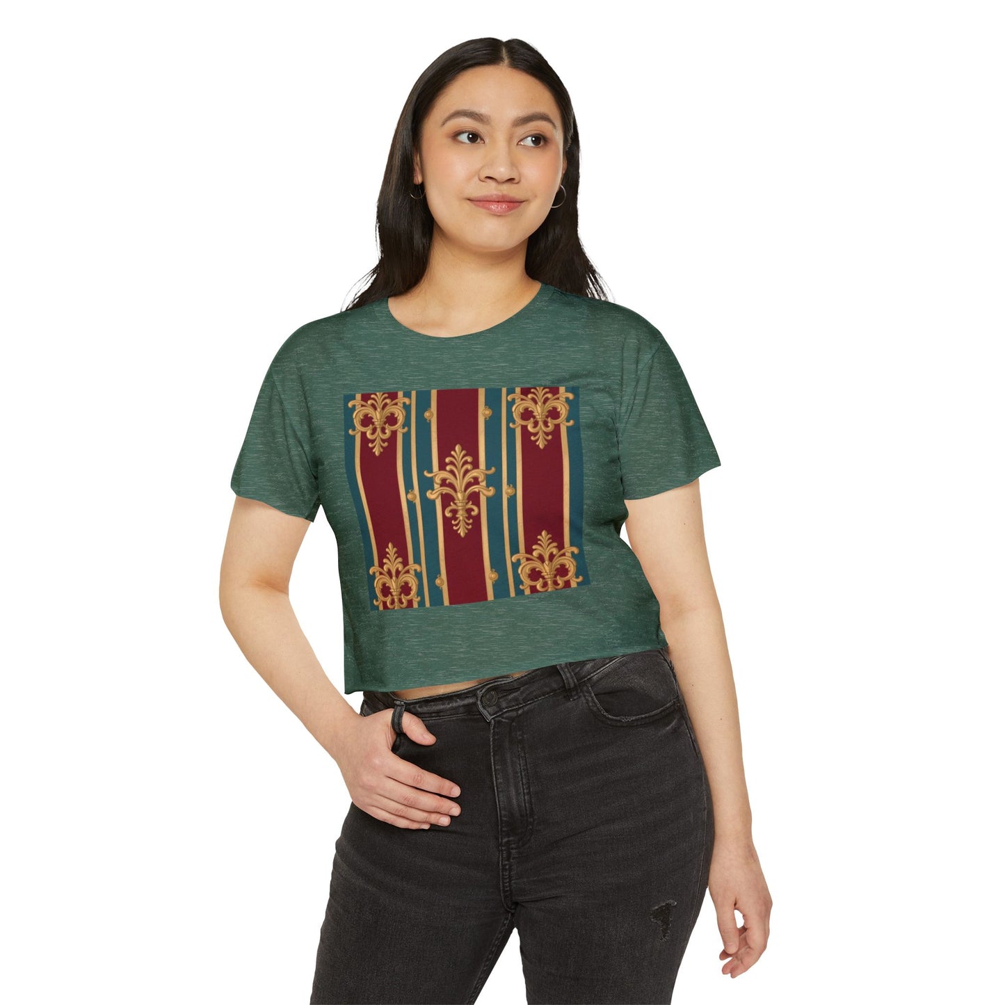 Baroque Chic Festival Crop Top | Women’s Floral Summer Tee, Outdoor Concert Wear, Vacation Top - Burgundy Striped Gold Baroque