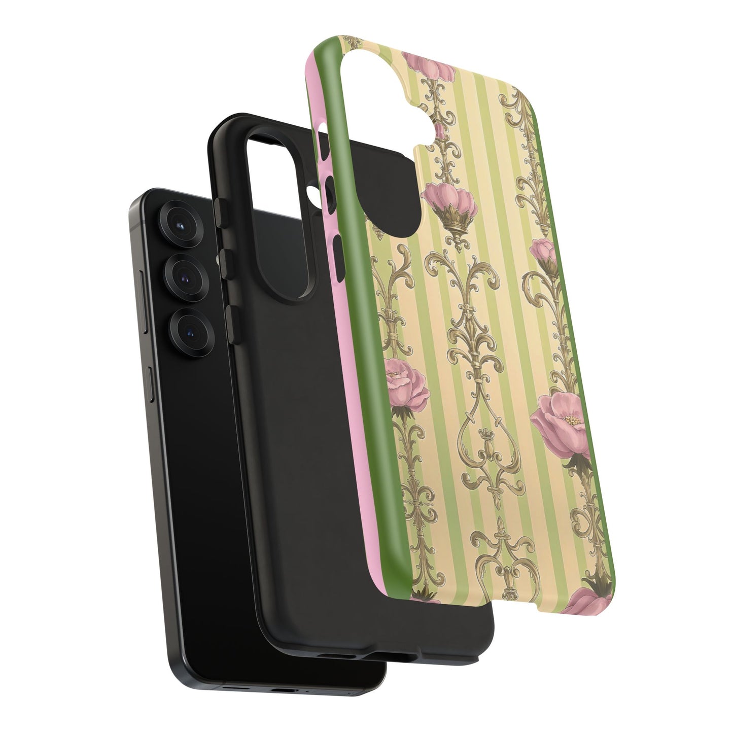 Elegant Floral Motif Phone Case - Tough Cases with Vintage Design - Lime Green & Pink Striped Damask