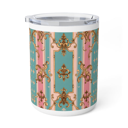 Elegant Insulated Coffee Mug, 10oz | Boho Kitchen Decor, Vintage Floral Travel Mug - Pink & Matte Turquoise Striped Rococo