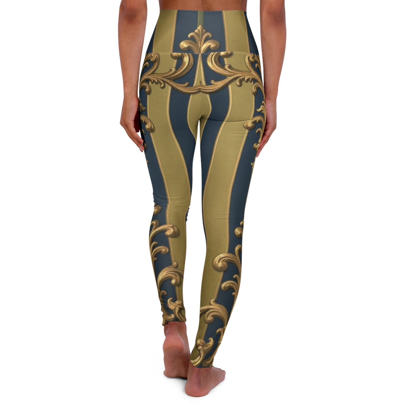Elevated Midnight Blue & Olive Striped Gold Baroque Glamour High Waisted Yoga Leggings, Chic Activewear, Trendy Fitness Leggings