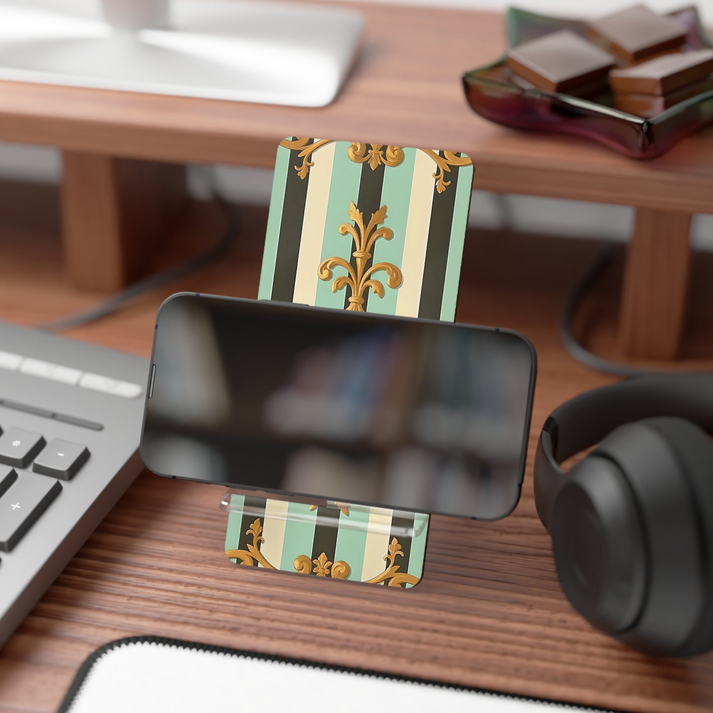 Elegant Phone Stand, Decorative Mobile Display Holder, Stylish Desk Accessory, Gift for Her, Home Office Decor - Black & Matte Mint Striped Rococo