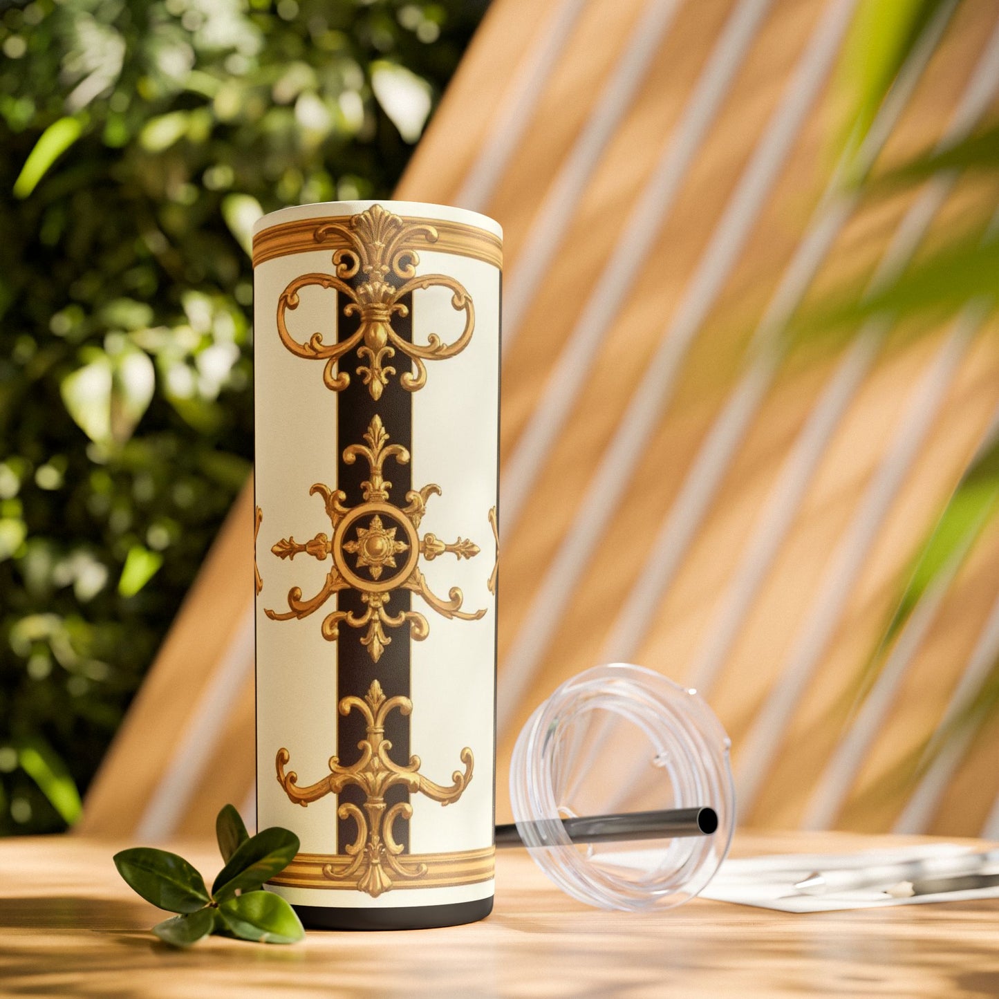 Elegant Gold Accents Skinny Tumbler, 20oz - Stylish Drinkware for Weddings, Parties, Gifts, or Everyday Use - Black & White Striped Gold Baroque