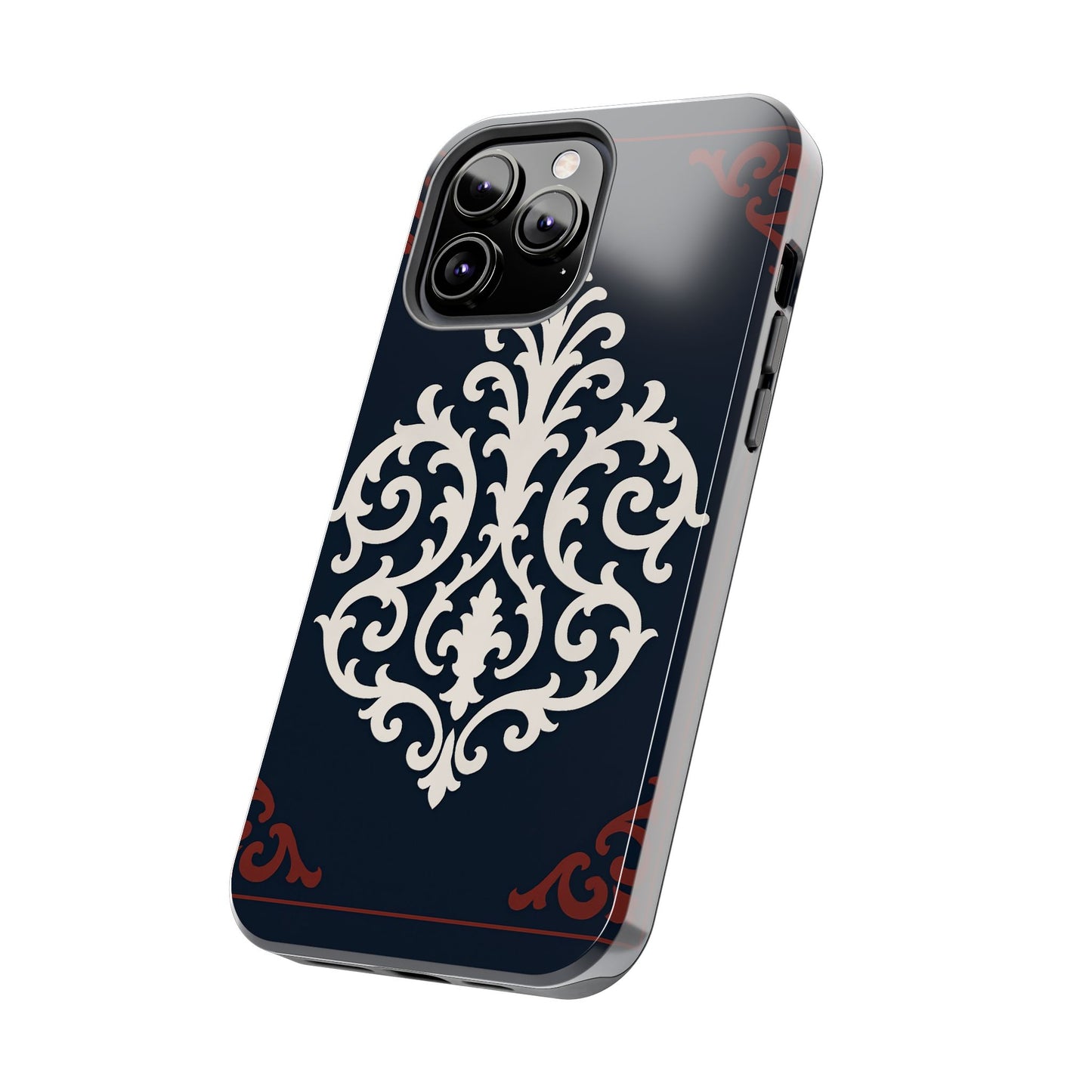 Dusk Blue-Maroon & White Baroque Tough Phone Case — Vintage Scroll Design