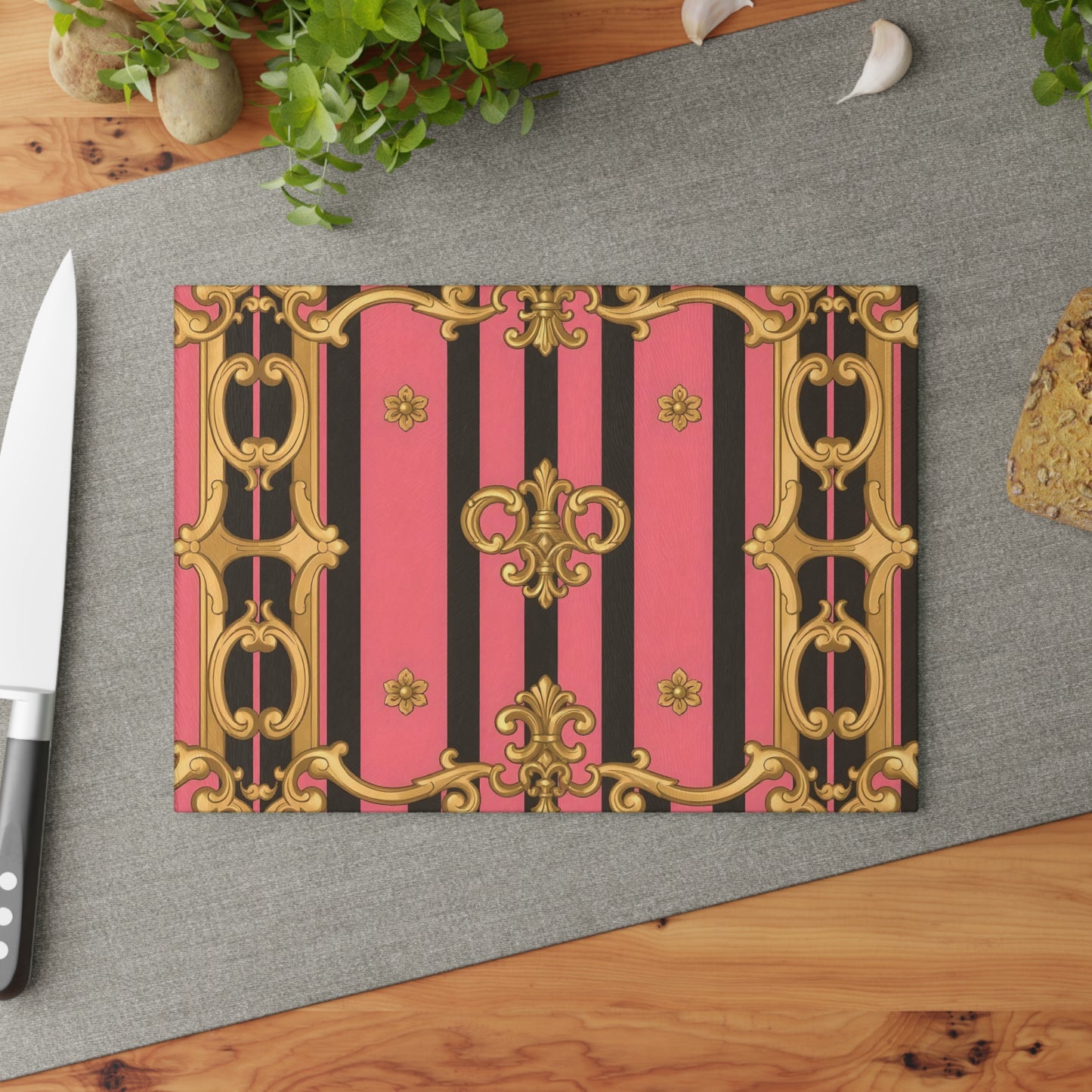 Elegant Pink and Black Glass Cutting Board, Kitchen Decor, Cooking Gift, Housewarming Present - Pink & Black Striped Gold Baroque