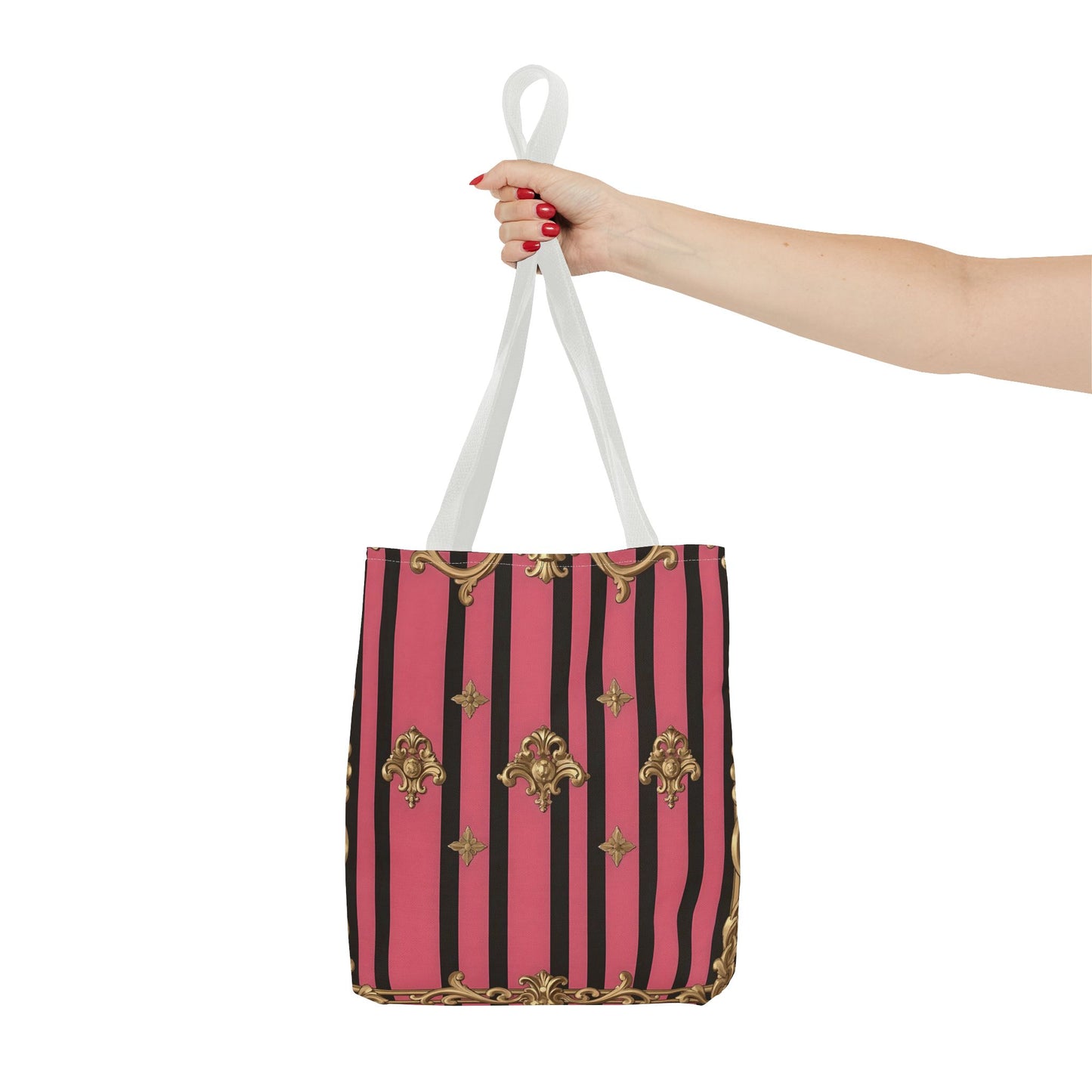 Chic Floral Tote Bag - Elegant Reusable Shopping Bag, Fashion Accessory, Gift for Her, Everyday Use, Eco-Friendly - Pink Striped Gold Rococo