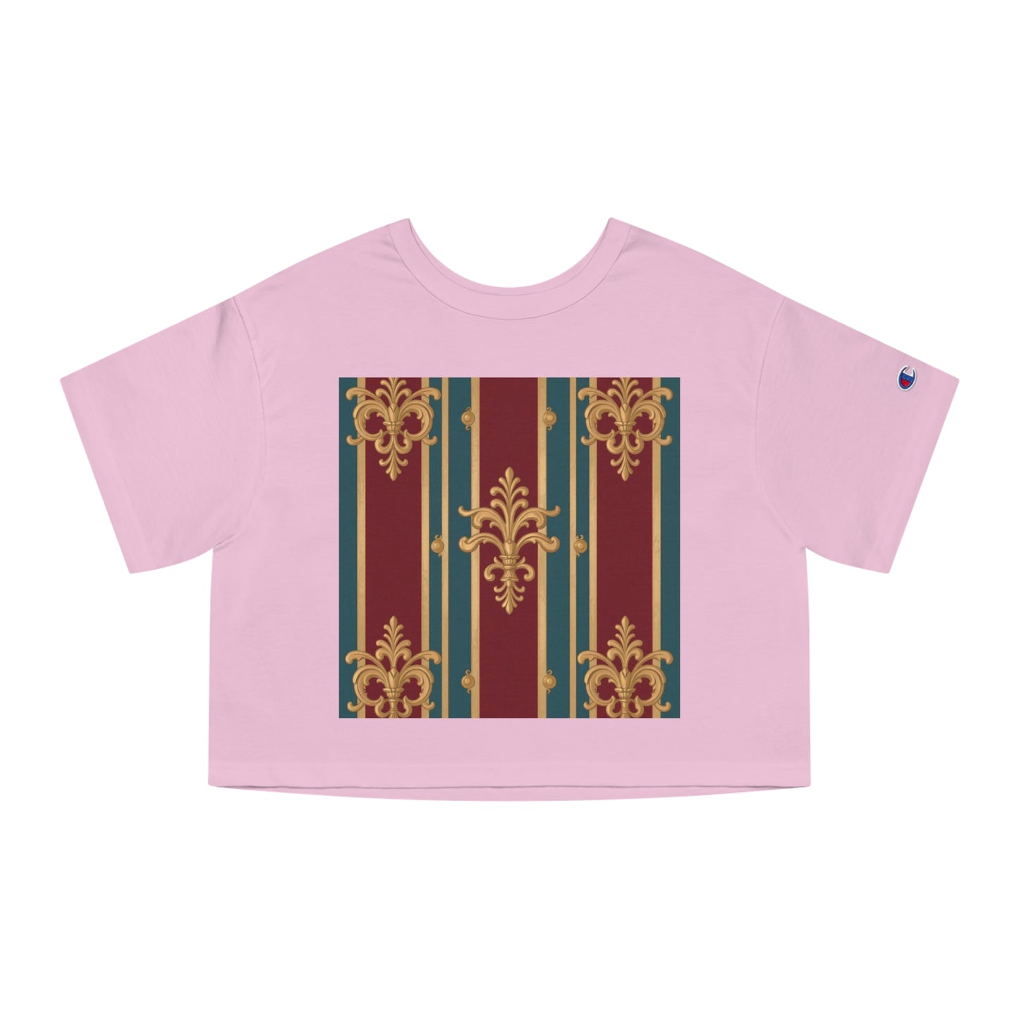 Cropped T-Shirt with Baroque Design | Trendy Women's Top | Perfect for Casual Wear, Festivals - Burgundy Striped Gold Baroque
