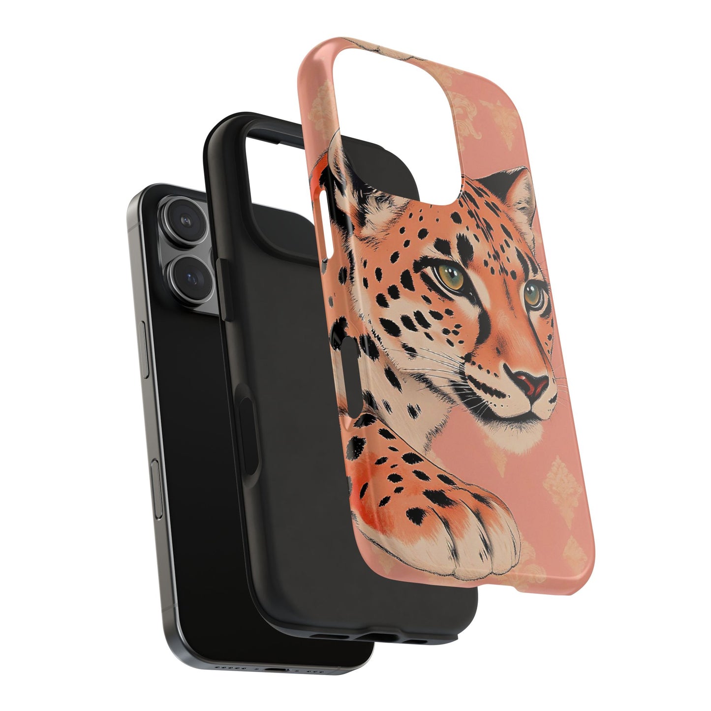 Leopard Tough Phone Case - Trendy Floral Motif Design for Animal Lovers - Peach Leopard & Damask