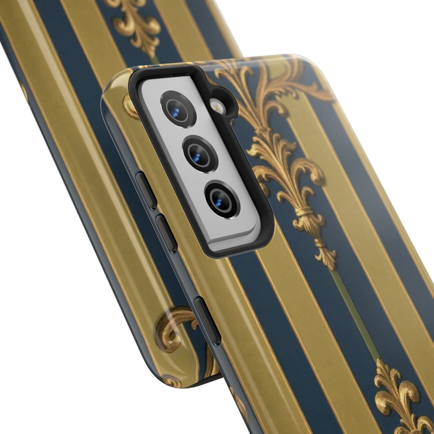Elegant Midnight Blue & Olive Striped Gold Baroque Tough Phone Case, Phone Cover, Durable Case for Protection, Stylish Gift for Him/Her