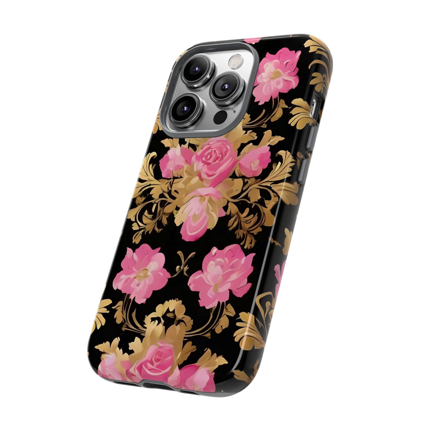 Elegant Floral Motif Phone Case - Tough Cases with Vintage Design - Pink & Gold Roses