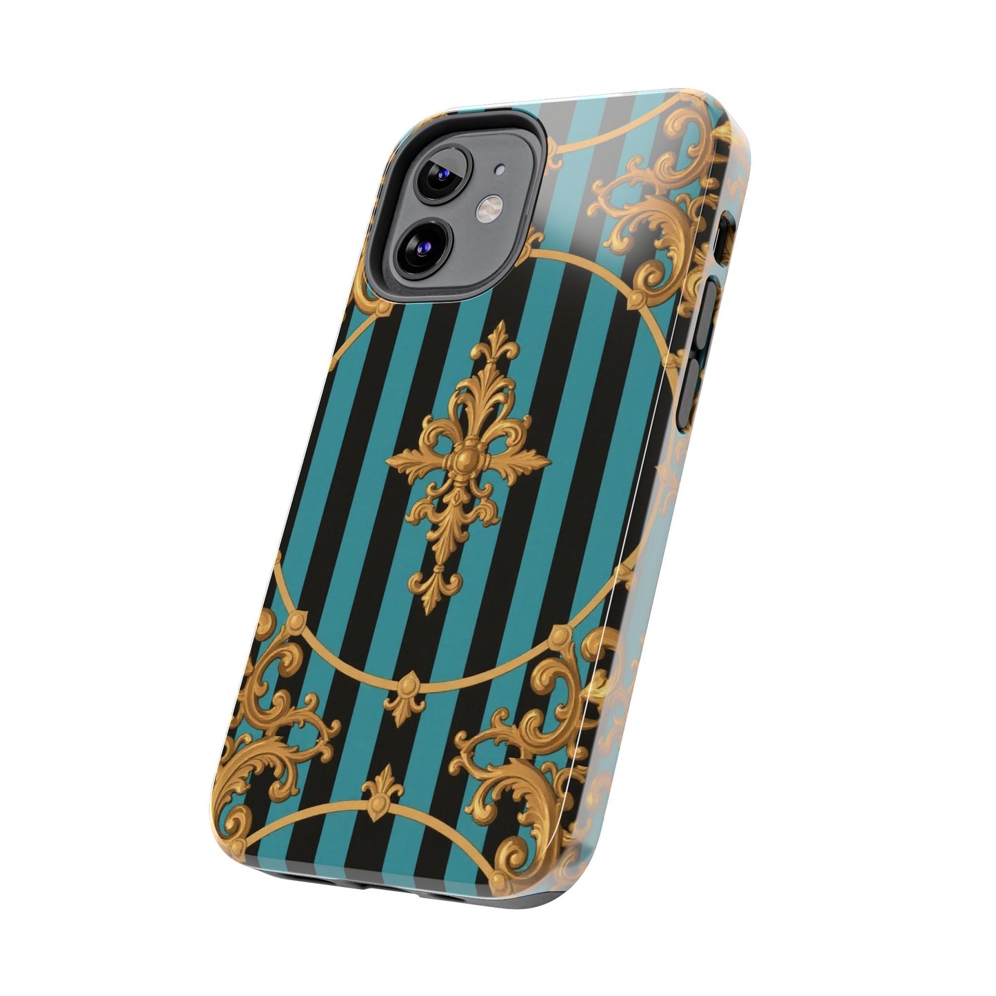 Elegant Turquoise & Black Striped Gold Baroque Phone Case, Tough Phone Cases for Fashion Lovers, Gift for Her, Luxury Accessories