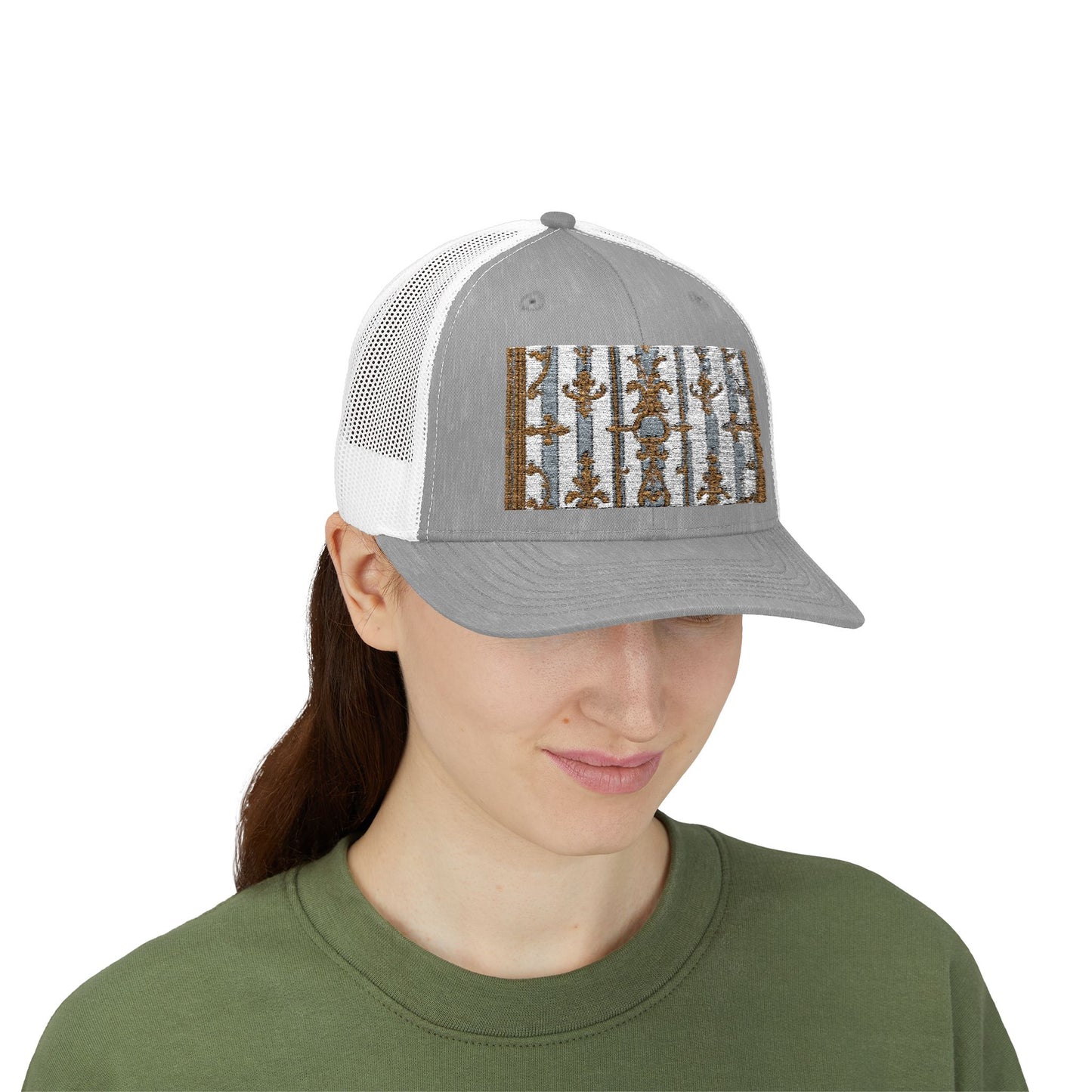 Stylish Snapback Trucker Cap with Nature-Inspired Design - Summer Festivals - Matte Gray & Cream Striped Gold Baroque