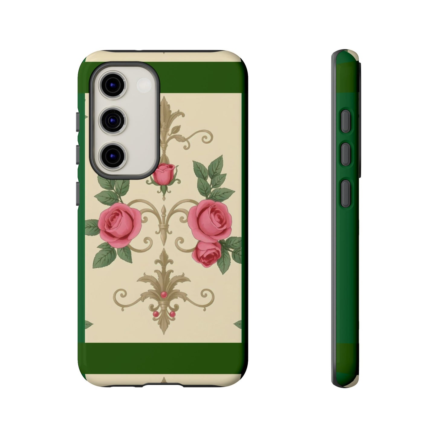 Elegant Floral Motif Phone Case - Tough Cases with Vintage Design - Green Border Roses & Damask