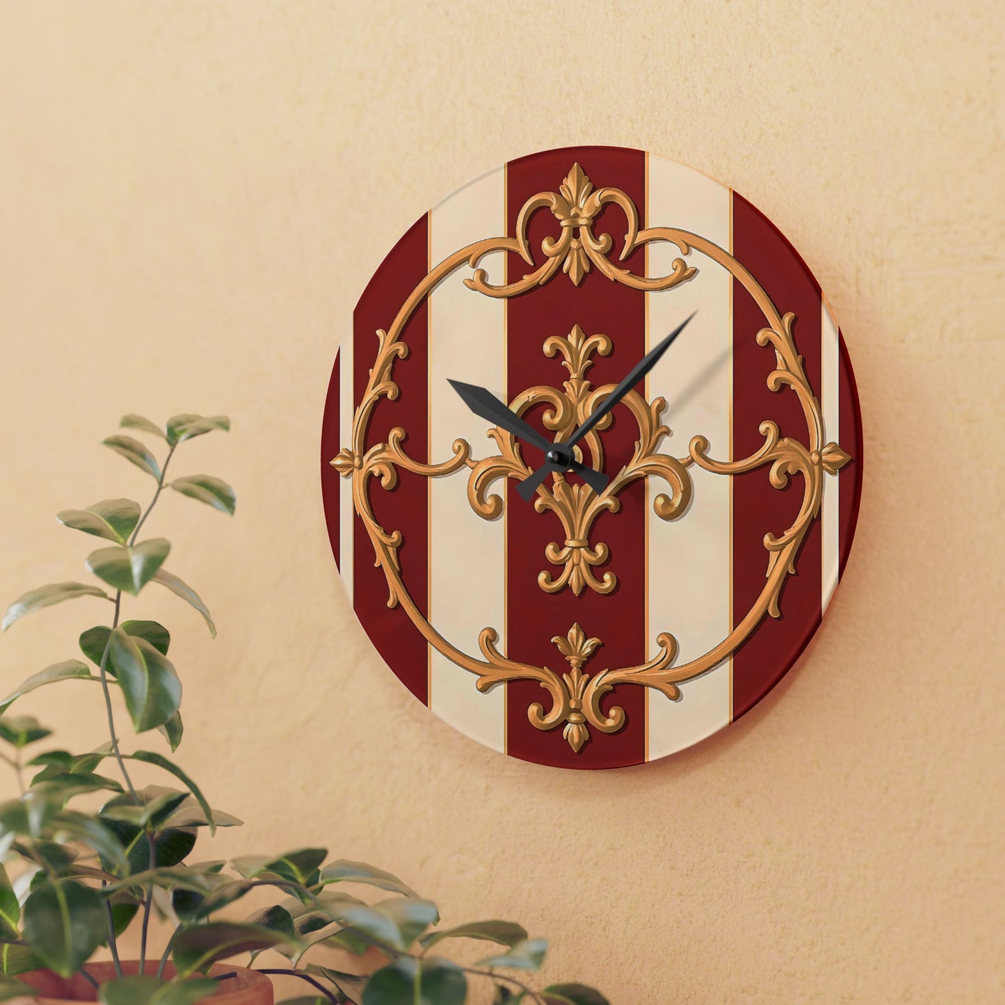 Vintage-Inspired Acrylic Wall Clock with Elegant Design - Alabaster & Dusk Orange Striped Baroque