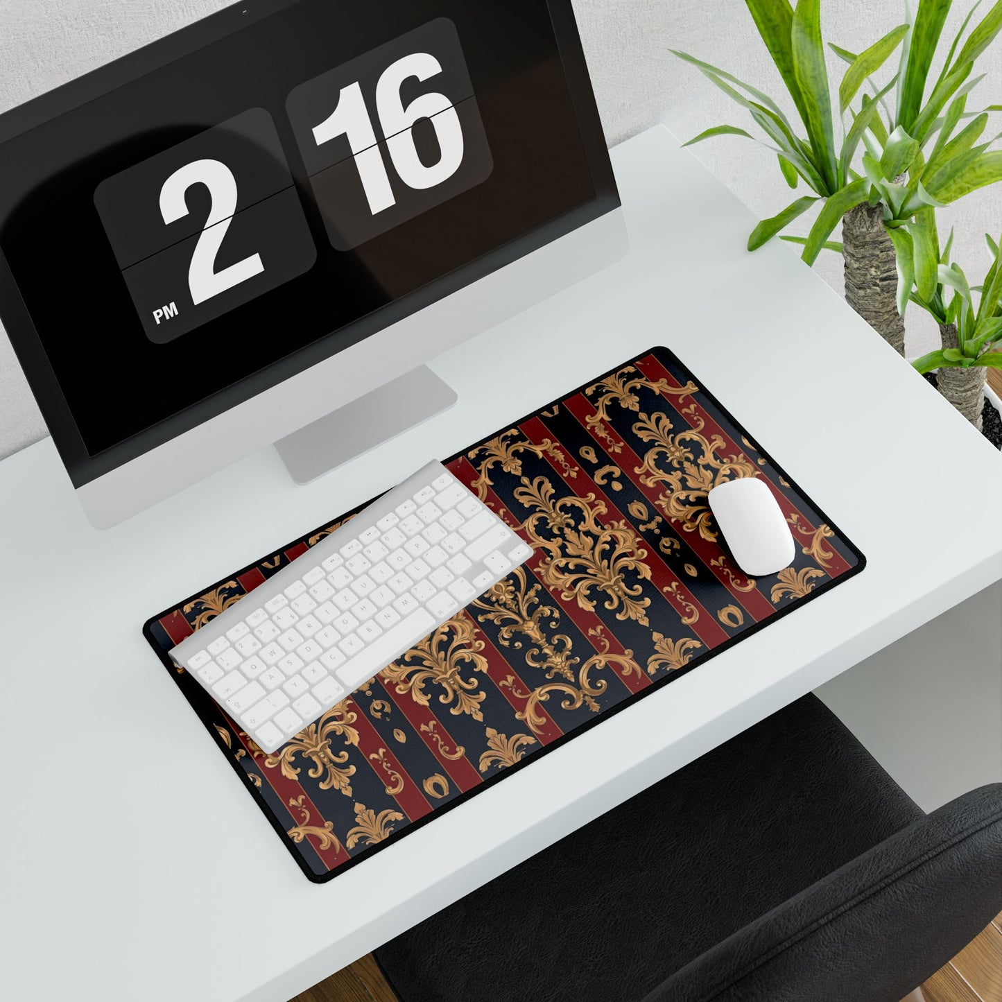 Elegant Floral Motif Desk Mat for Home Office Decor - Midnight Blue & Dusk Red Striped Gold Damask