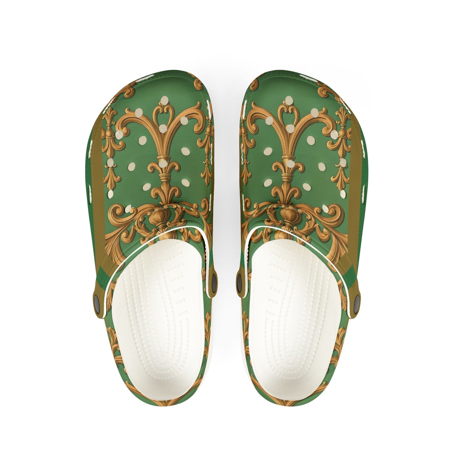 Elegant Green Patterned EVA Foam Clogs, Stylish Footwear, Comfortable House Shoes, Garden Mules - Olive Green Striped Rococo