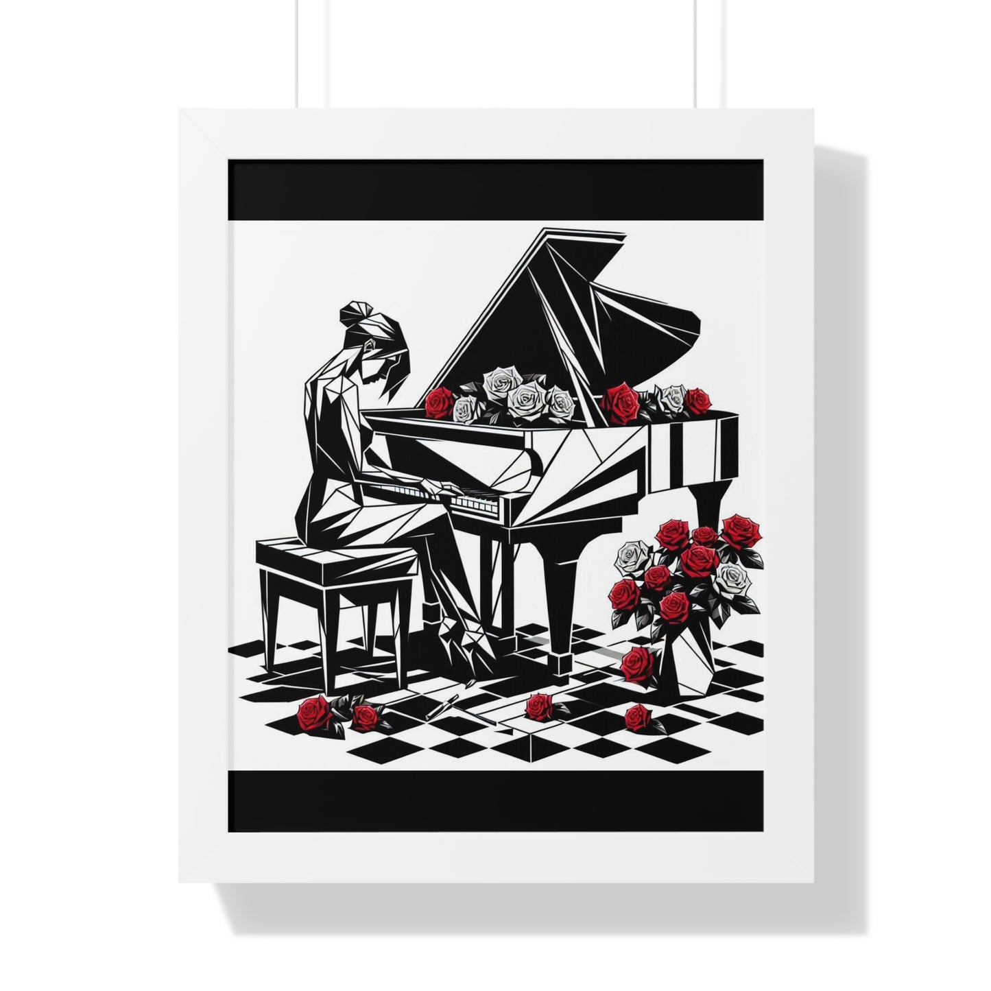 Vertical Poster - Black & White Grand Piano & Red Roses Wall Art