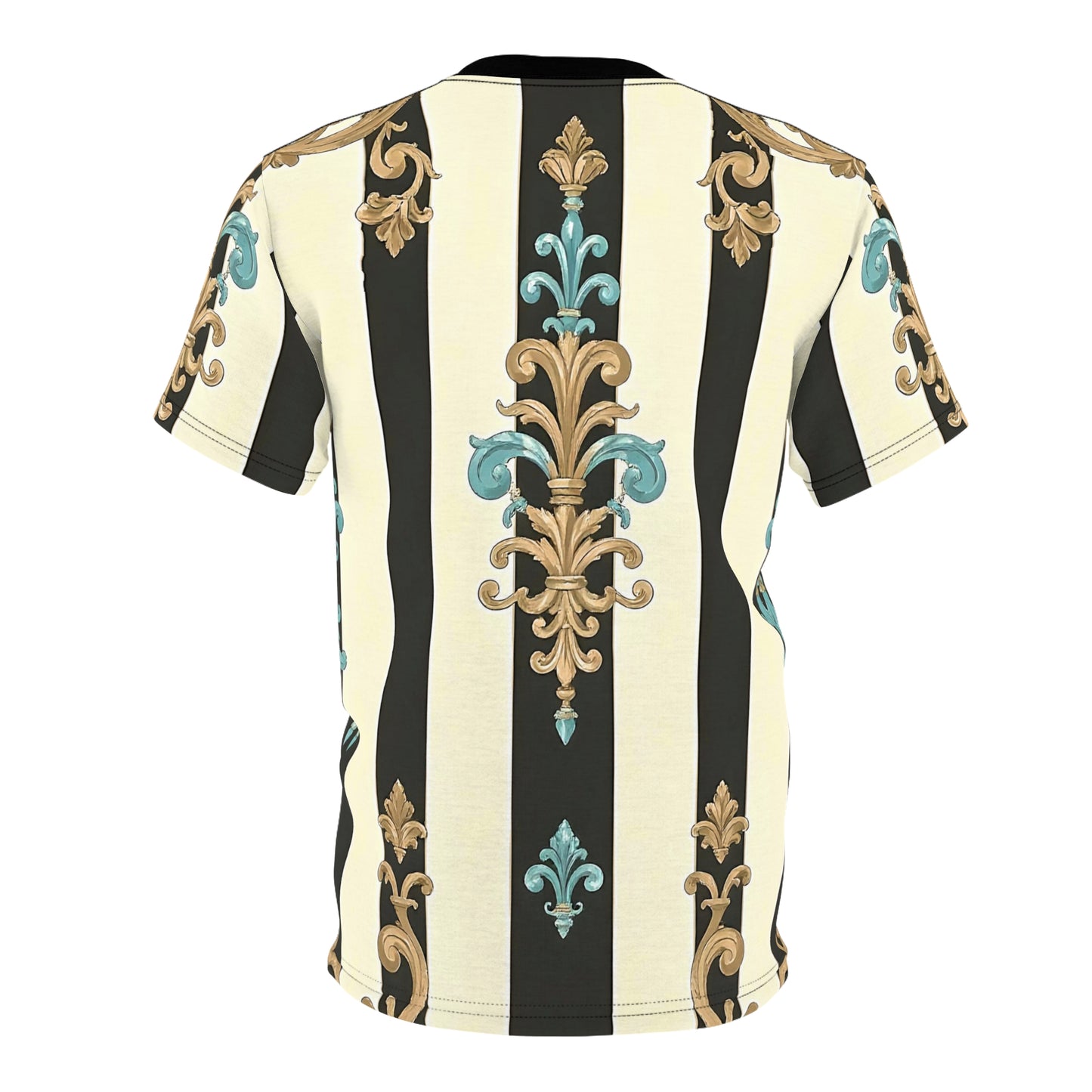 Stylish Unisex Patterned Tee, Fashion Tee for Men & Women, Casual Wear, Elegant Gift, Summer Top - Black Striped Turquoise & Black Rococo