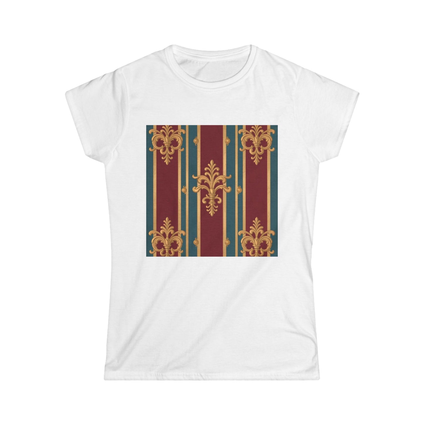 Elegant Floral Design Women's Softstyle Tee - Casual Wear, Gift for Her, Birthday, Summer Fashion - Burgundy Striped Gold Baroque