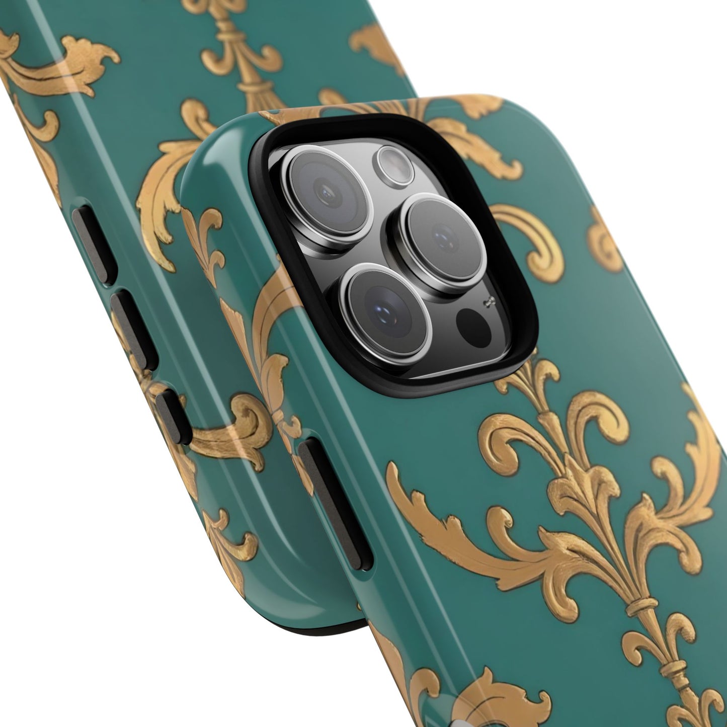 Elegant Floral Motif Phone Case - Tough Cases with Vintage Design - Aqua & Gold Damask