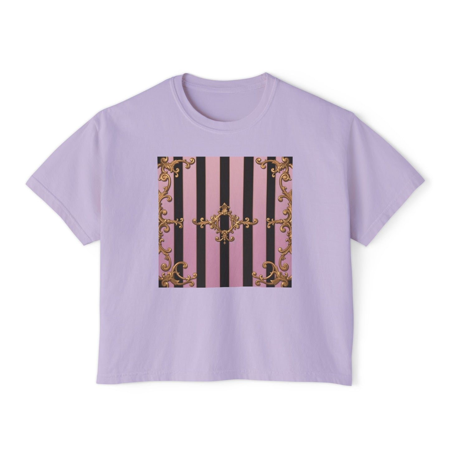 Chic Women's Boxy Tee, Vintage Striped Top, Trendy Short Sleeve Shirt, Casual Fashion T-Shirt - Matte Lavender & Black Striped Gold Baroque