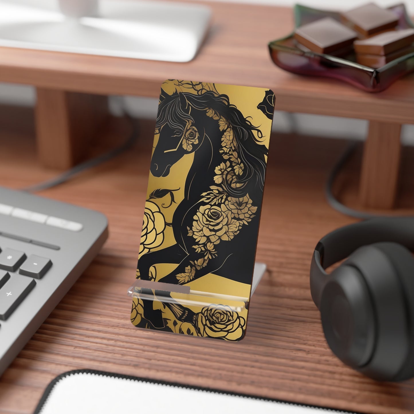 Smartphone Stand - Elegant Horse Design - Black & Gold Decorative Holder