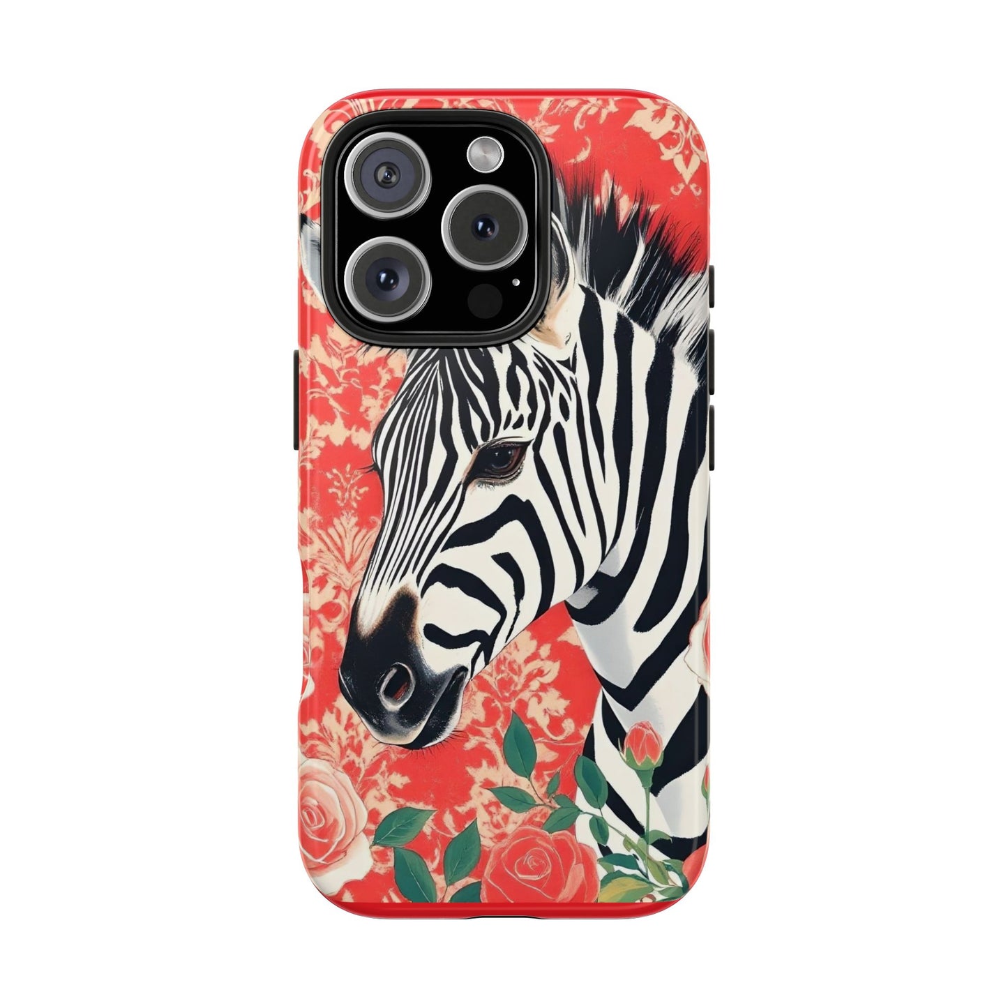 Zebra Tough Phone Case - Trendy Floral Design for Animal Lovers - Zebra With Coral Roses & Damask