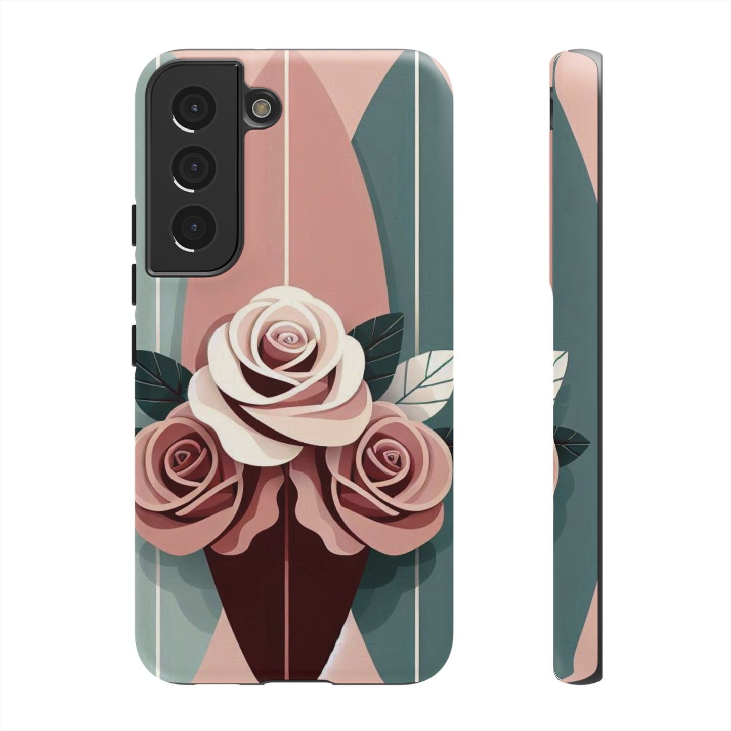 Phone Case - Burgundy, Matte Mauve & Teal Surfboard & Roses Design