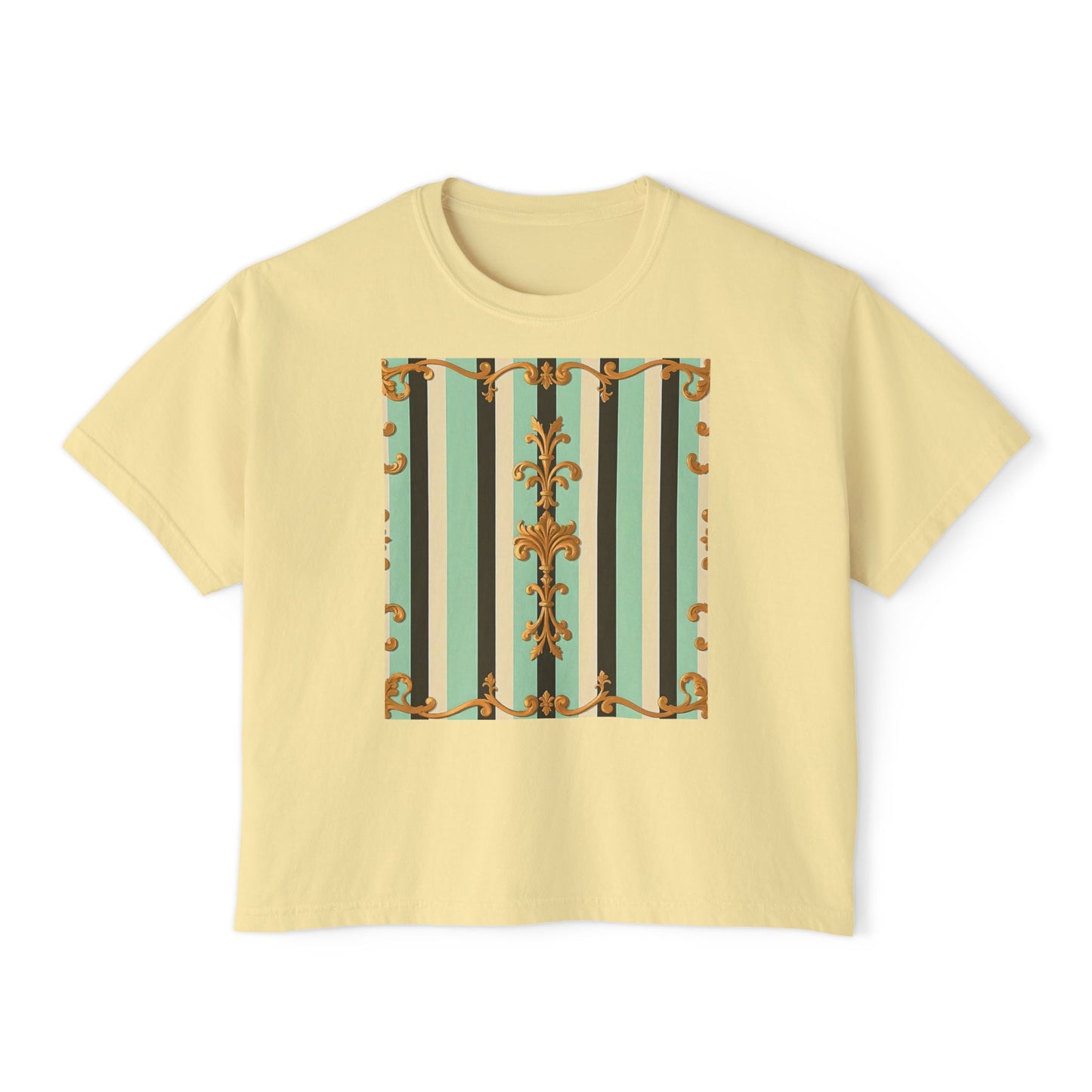 Boho Women's Boxy Tee, Casual Crop Top, Summer Tee, Festival Shirt, Everyday Wear, Vintage Style - Black & Matte Mint Striped Rococo
