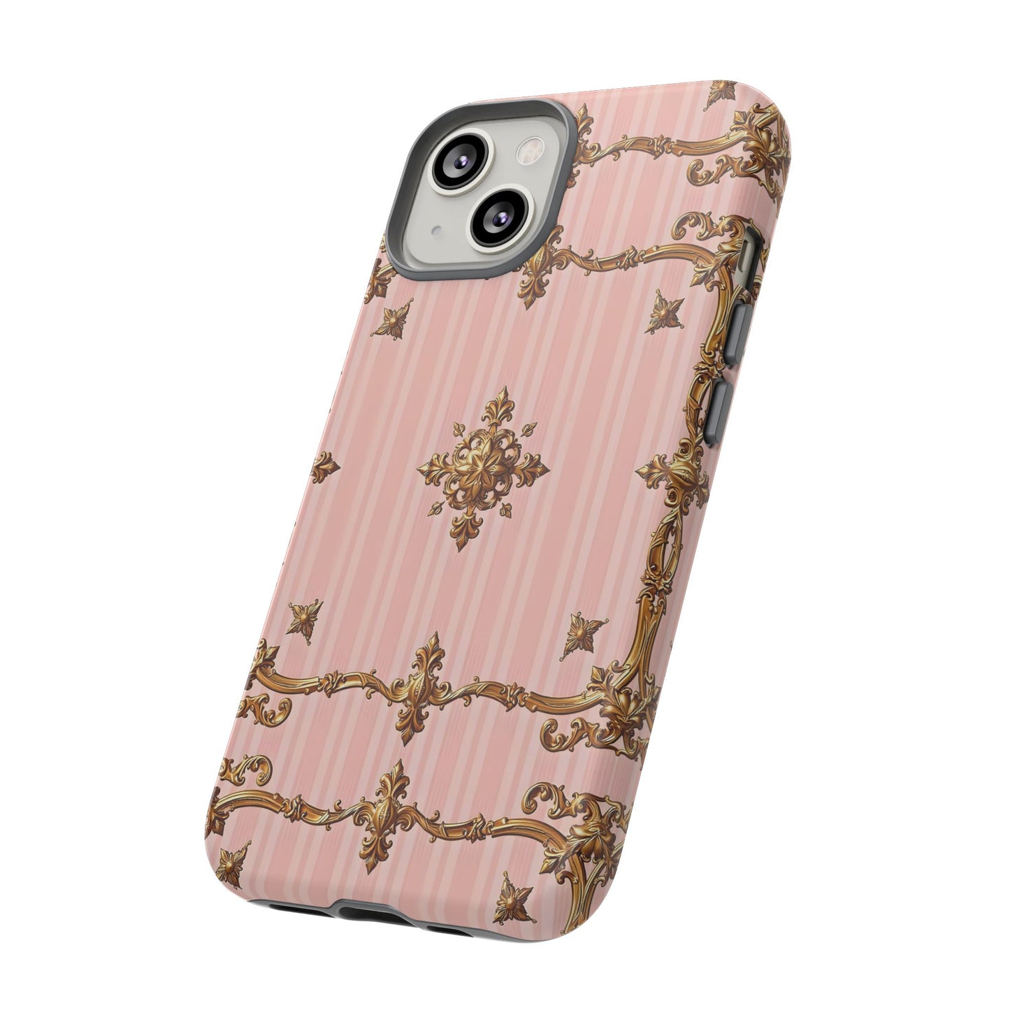 Elegant Floral Phone Case, Tough Cases for Women, Trendy Phone Cover, Chic Gift - Pink Striped Gold Baroque
