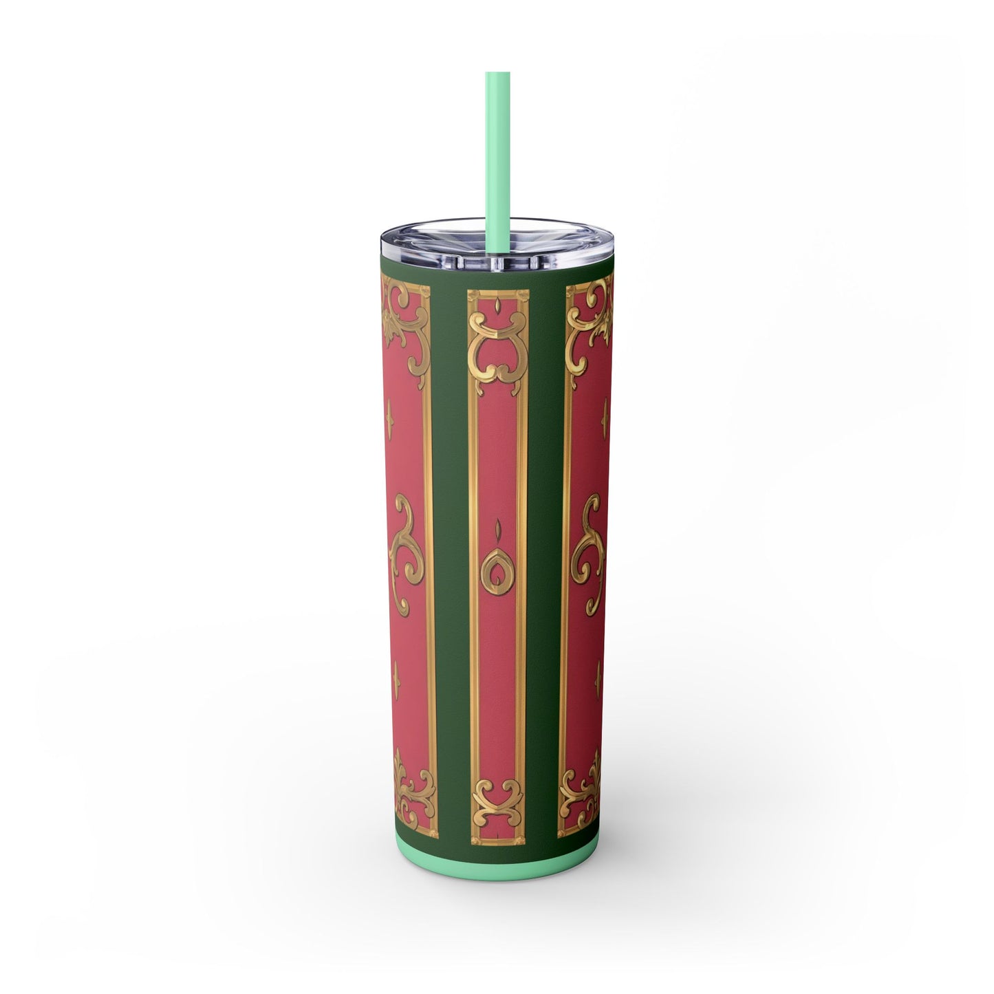 Elegant Green Border Pink Striped Baroque Skinny Tumbler with Straw, Reusable Travel Mug, Gift for Her, Fashionable Drinkware
