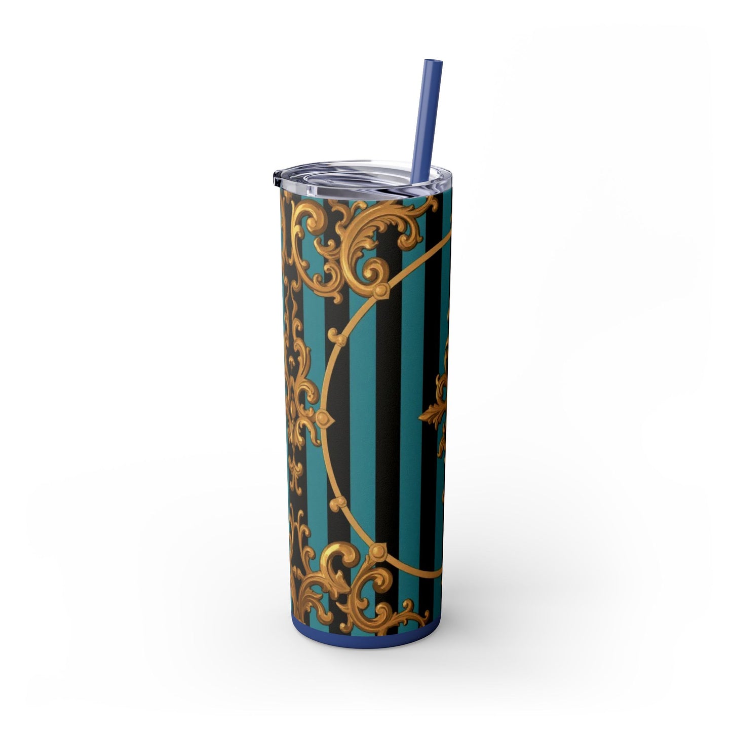 Elegant Turquoise & Black Striped Gold Baroque Skinny Tumbler with Straw, 20oz, Stylish Travel Mug, Party Favor, Birthday Gift, Drinkware