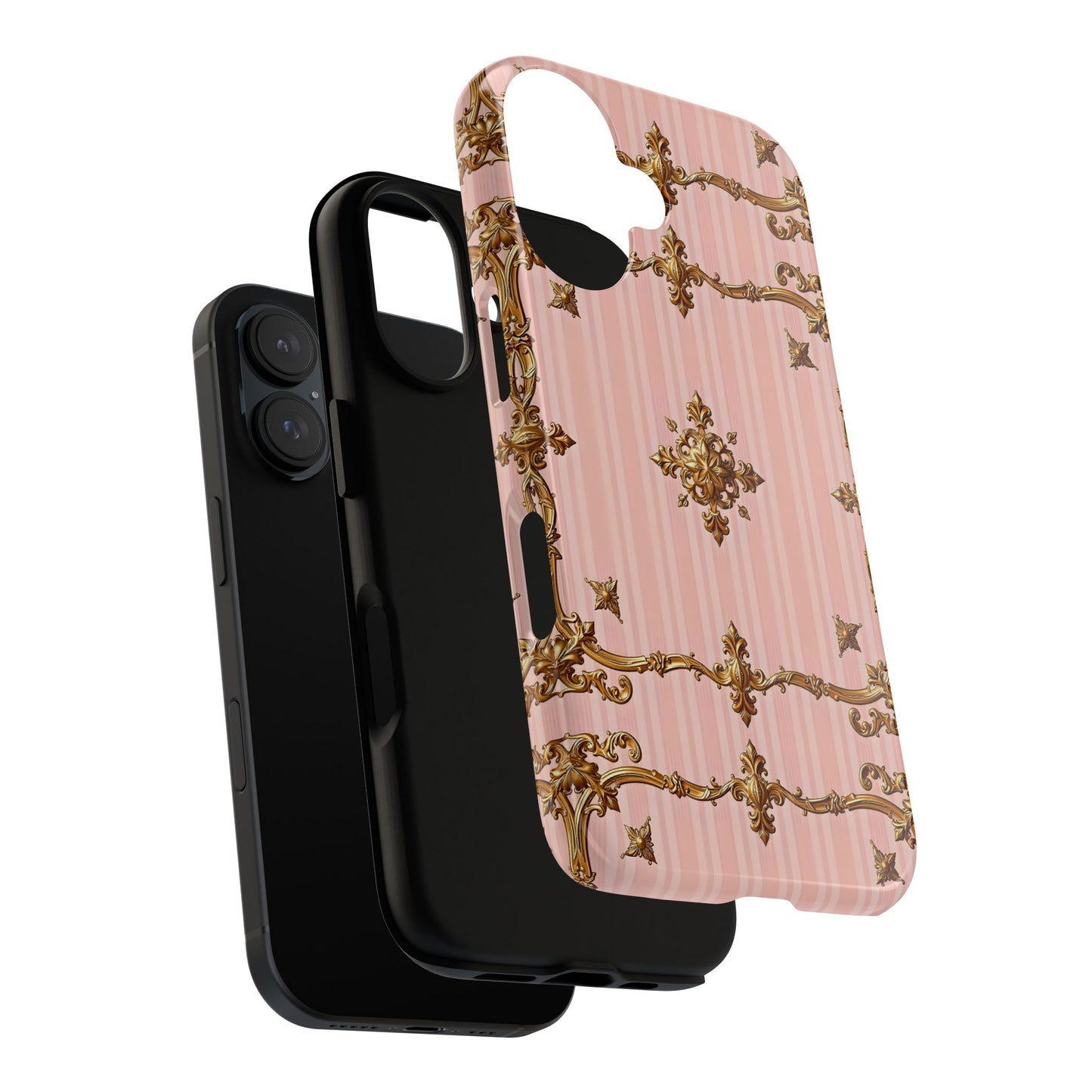 Elegant Floral Phone Case, Tough Cases for Women, Trendy Phone Cover, Chic Gift - Pink Striped Gold Baroque