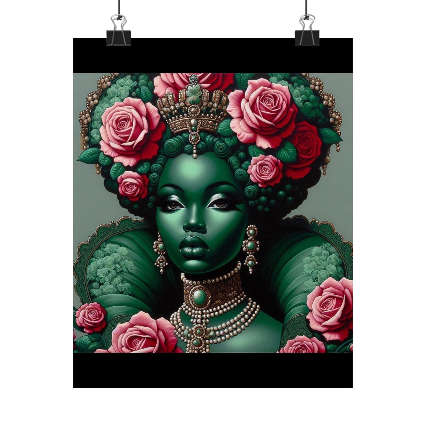 Floral Afro Art Poster - Elegant Matte Vertical Wall Decor - Green Lady With Roses