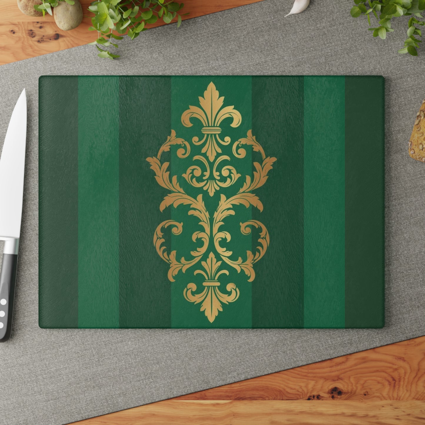 Green Glass Striped Baroque Cutting Board — Green Striped with Gold Baroque Accent