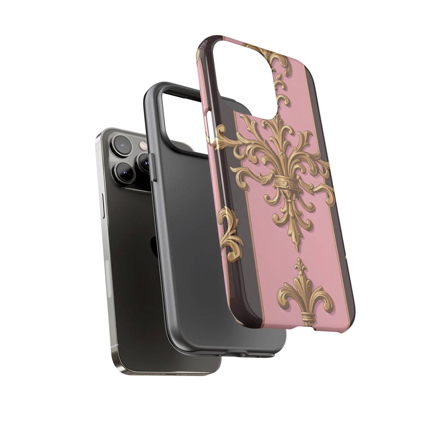 Elegant Floral Motif Phone Case - Tough Cases with Vintage Design - Pink & Brown Striped Gold Damask