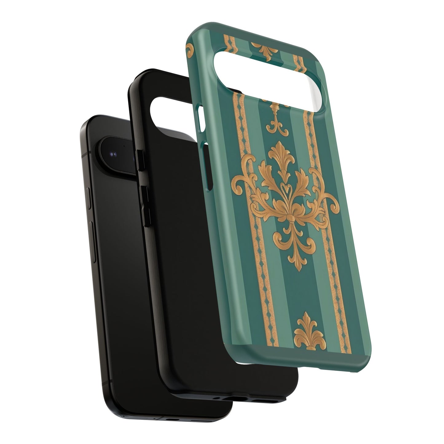 Elegant Floral Motif Phone Case - Tough Cases with Vintage Design - Teal Striped Gold Damask