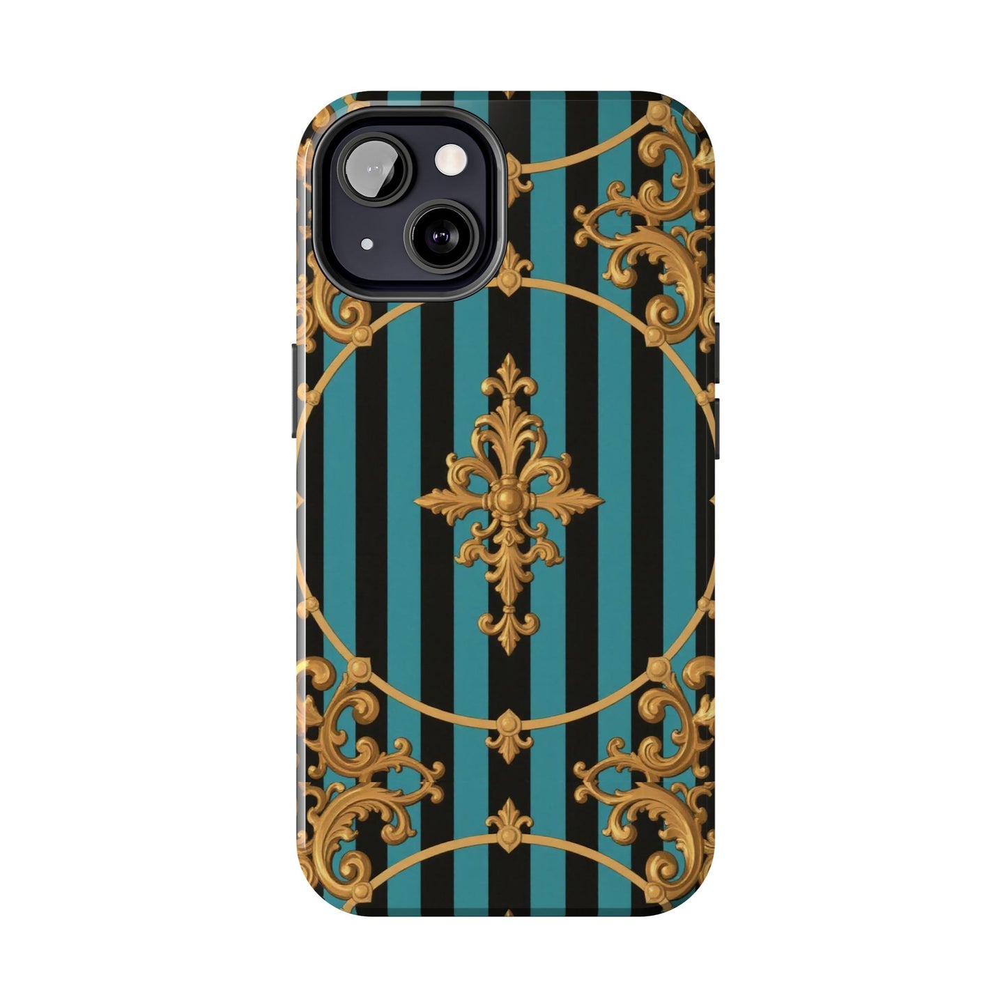 Elegant Turquoise & Black Striped Gold Baroque Phone Case, Tough Phone Cases for Fashion Lovers, Gift for Her, Luxury Accessories
