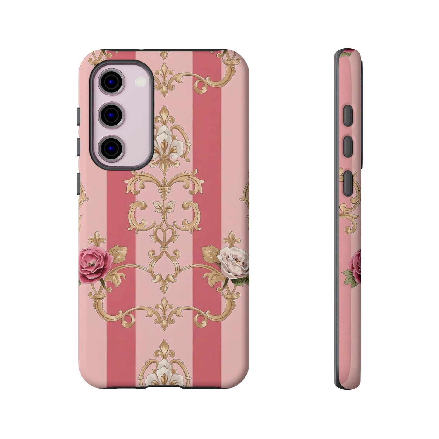 Elegant Floral Motif Phone Case - Tough Cases with Vintage Design - Pink Striped Roses & Damask